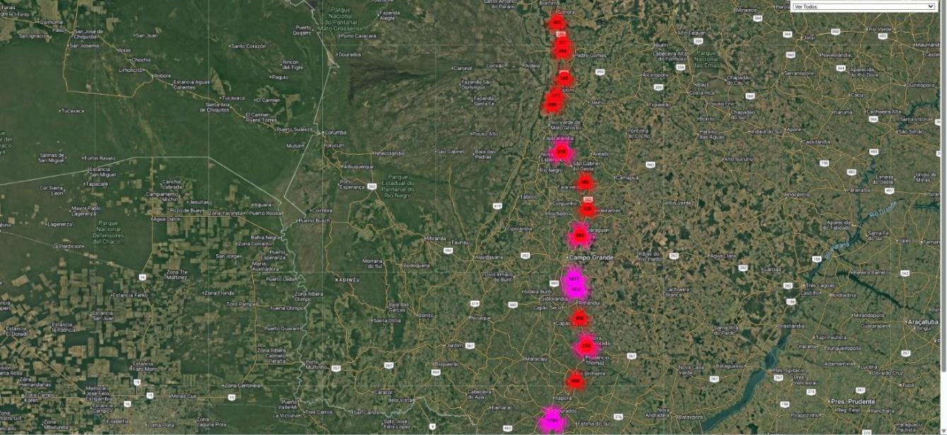 Mapa de satélite com o georreferenciamento dos 14.436 pontos de sondagem da Suporte ao longo da BR-163 em Mato Grosso do Sul, extraído do sistema interno da Suporte