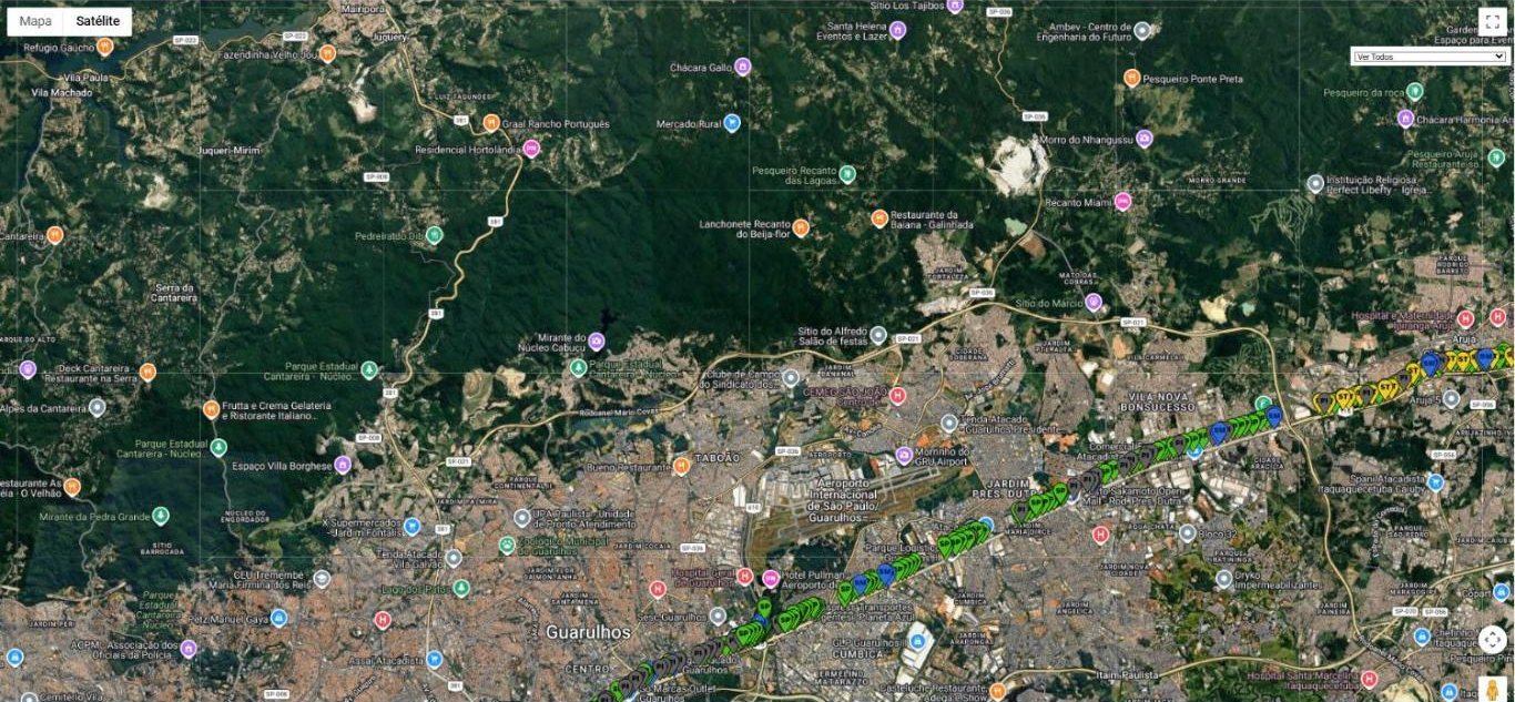 Detalhe do georreferenciamento dos pontos de sondagem da Suporte sobre a Via Dutra na região metropolitana de São Paulo, próximo ao Aeroporto de Guarulhos