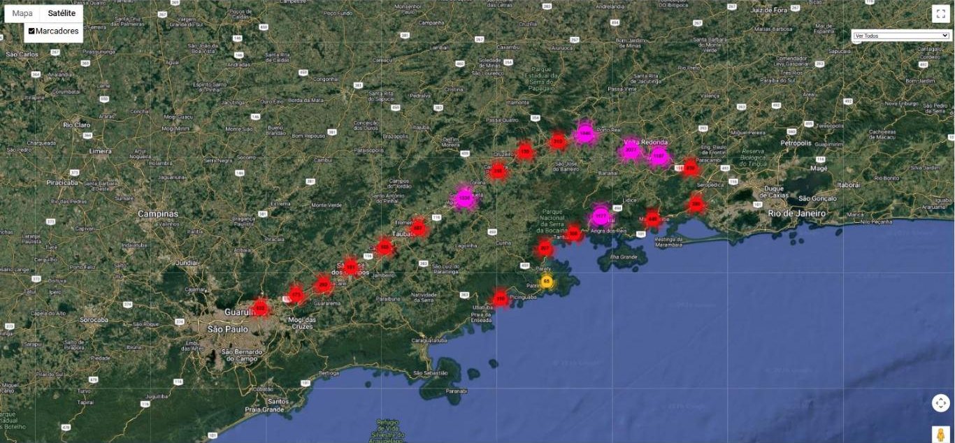 Mapa de satélite com o georreferenciamento dos mais de 11.700 pontos de sondagem da Suporte ao longo da Via Dutra e Rio-Santos, extraído do sistema interno da Suporte