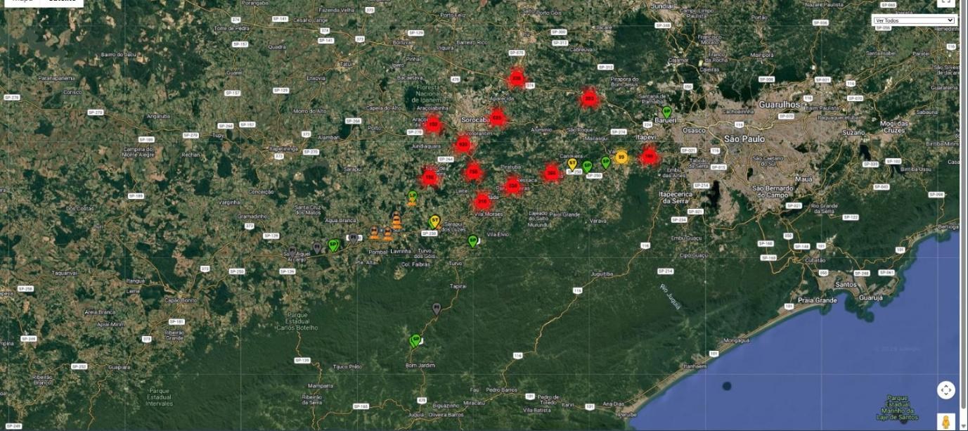 Mapa de satélite com o georreferenciamento dos 4.565 pontos de sondagem da Suporte ao longo do corredor da Rota Sorocabana, extraído do sistema interno da Suporte
