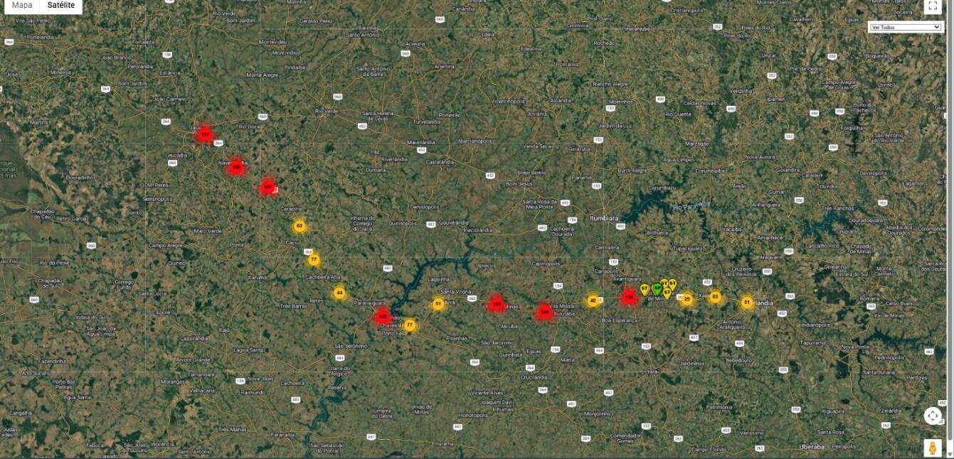 Mapa de satélite com o georreferenciamento dos 1.876 pontos de sondagem da Suporte ao longo da concessão da Ecovias do Cerrado, extraído do sistema interno da Suporte