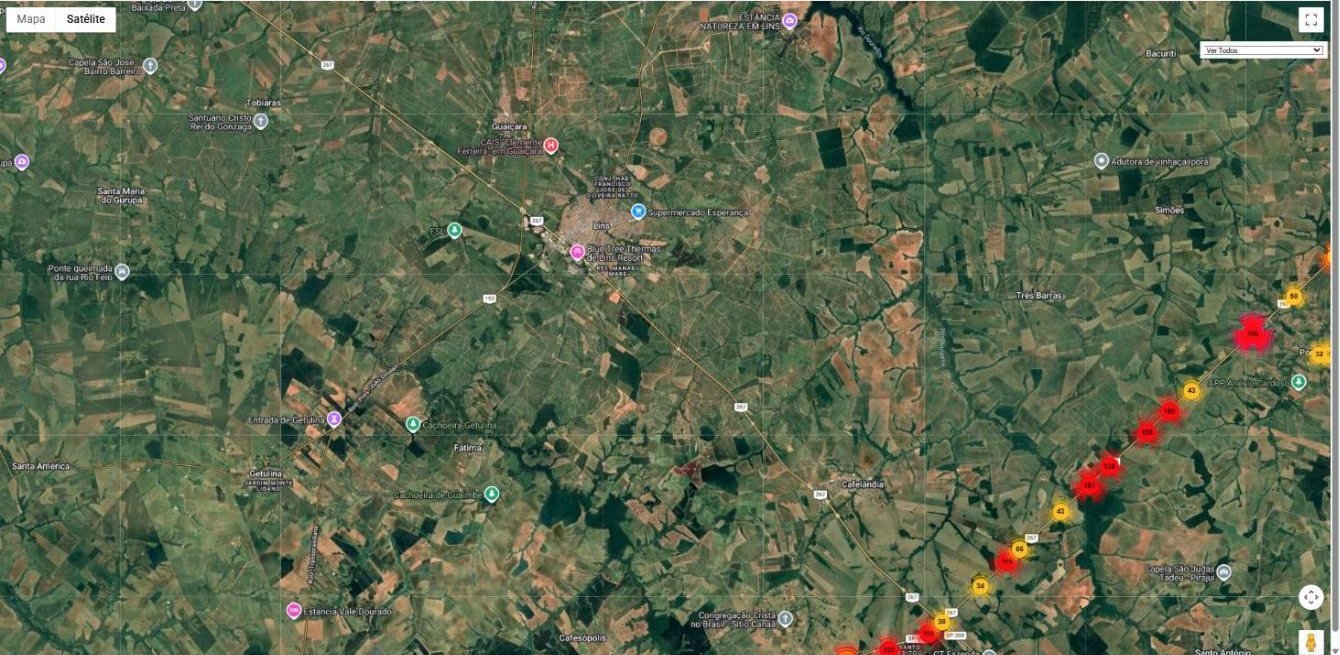Detalhe do georreferenciamento dos pontos de sondagem da Suporte sobre a SP-333, na região de Pongaí e Cafelândia