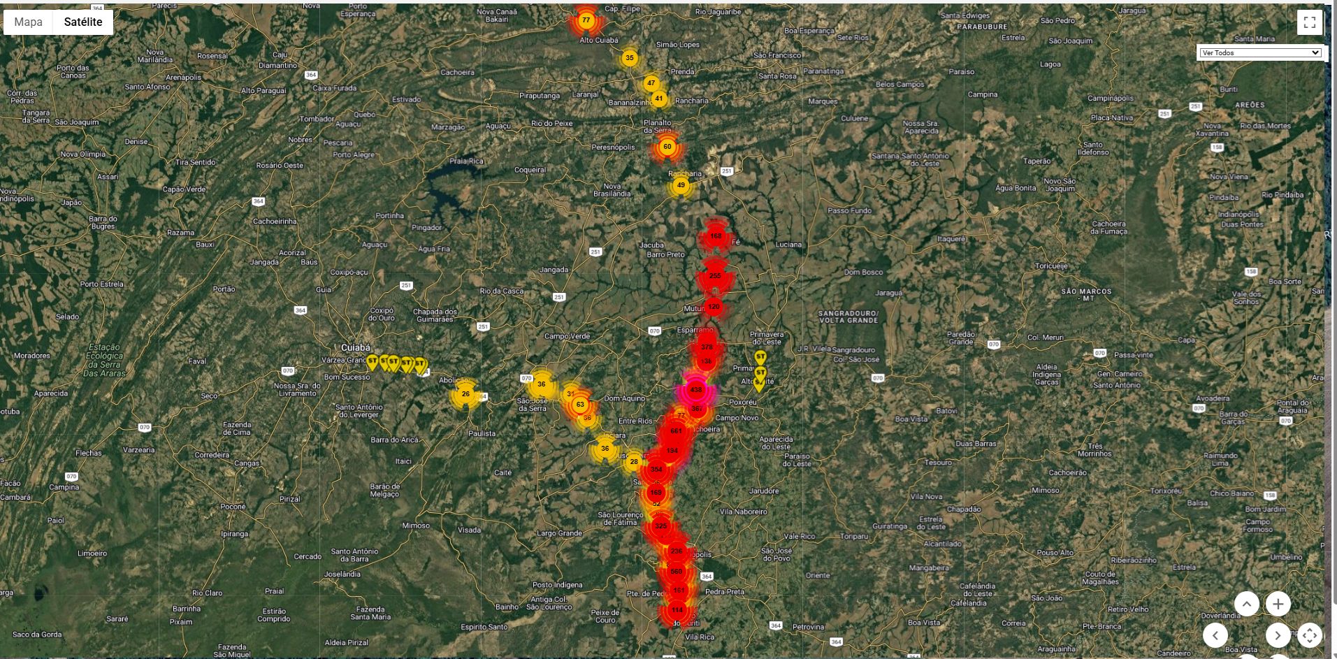 Mapa de satélite com o georreferenciamento dos pontos de sondagem da Suporte ao longo do trecho entre Cuiabá e Rondonópolis, extraído do sistema interno da Suporte
