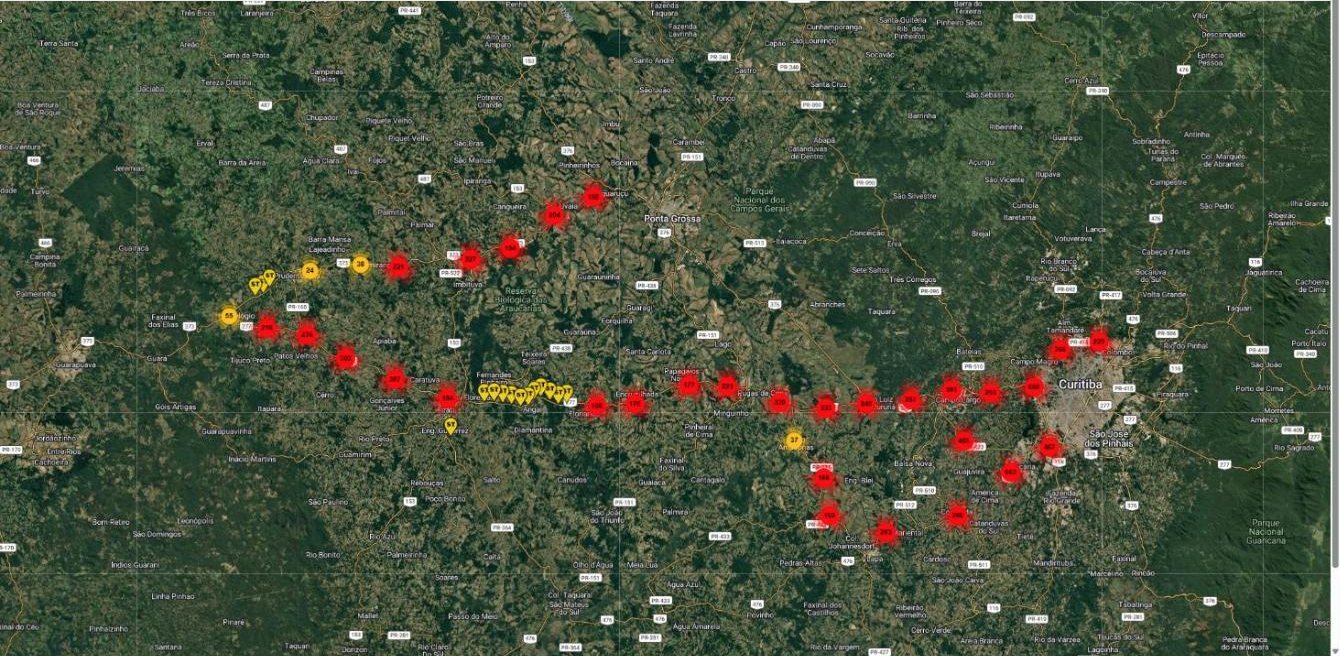 Mapa de satélite com o georreferenciamento dos 8.745 pontos de sondagem da Suporte ao longo das rodovias do Lote 1 do Paraná, extraído do sistema interno da Suporte