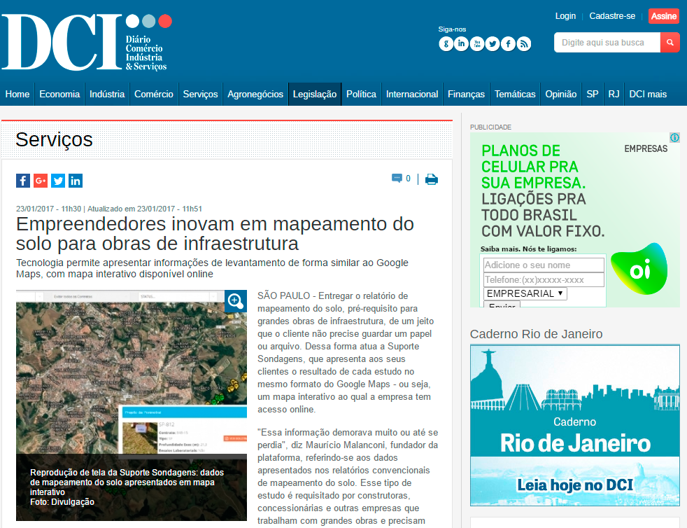 foto - Suporte na Mídia - DCI - ''Empreendedores inovam em mapeamento do solo para obras de infraestrutura''.