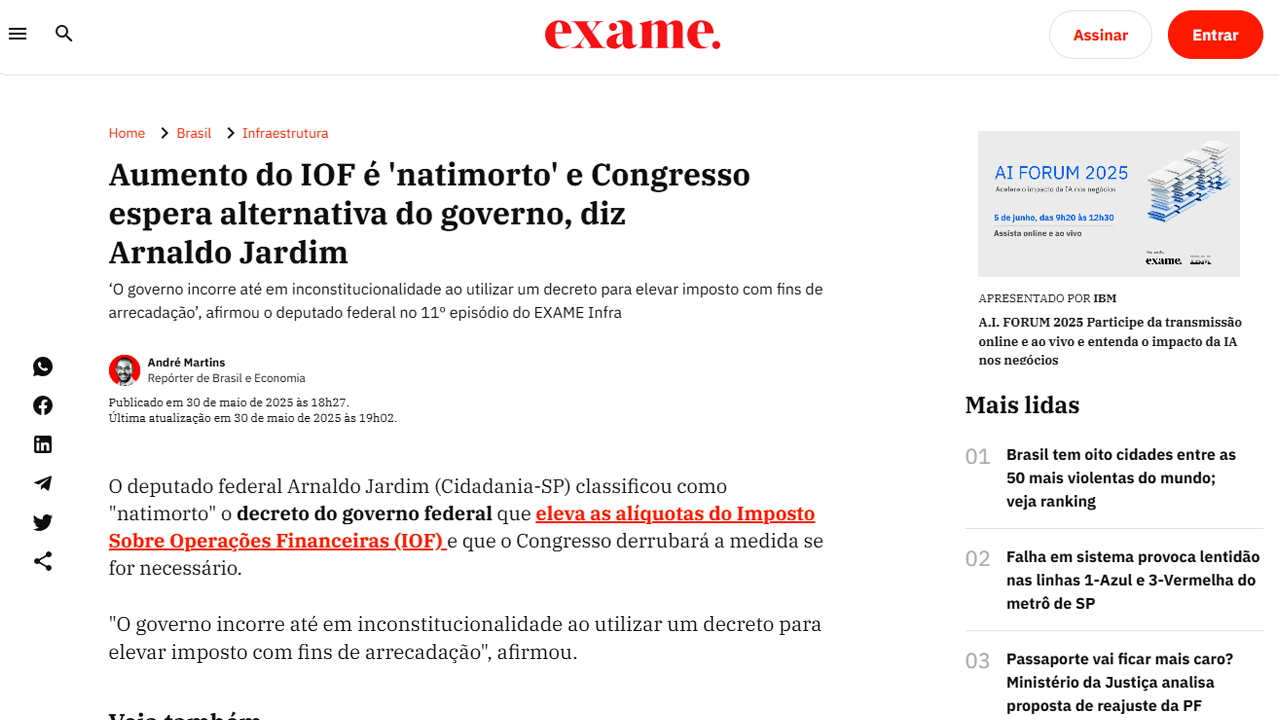 foto - Arnaldo Jardim critica aumento do IOF e cobra alternativa do governo - Suporte acompanha os impactos no setor de infraestrutura