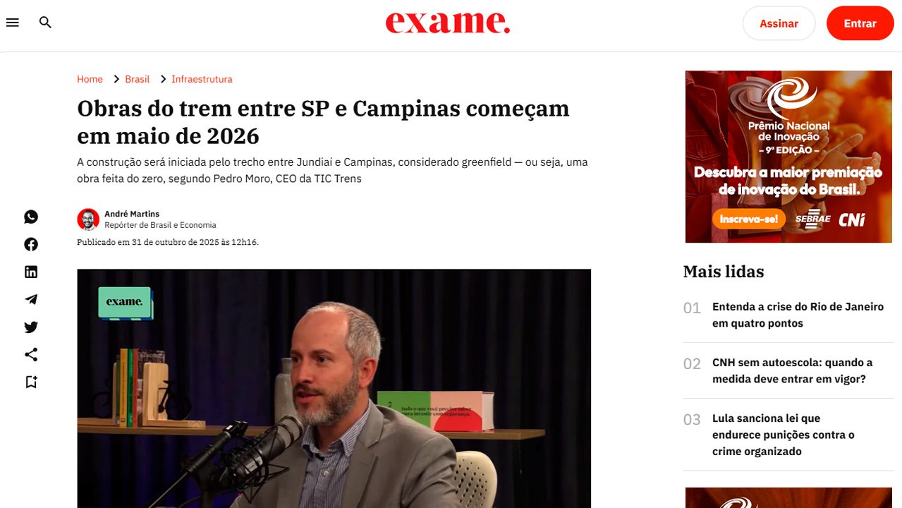 foto - Suporte na Imprensa - “Obras do trem entre SP e Campinas começam em maio de 2026” diz Pedro Moro, CEO da TIC.