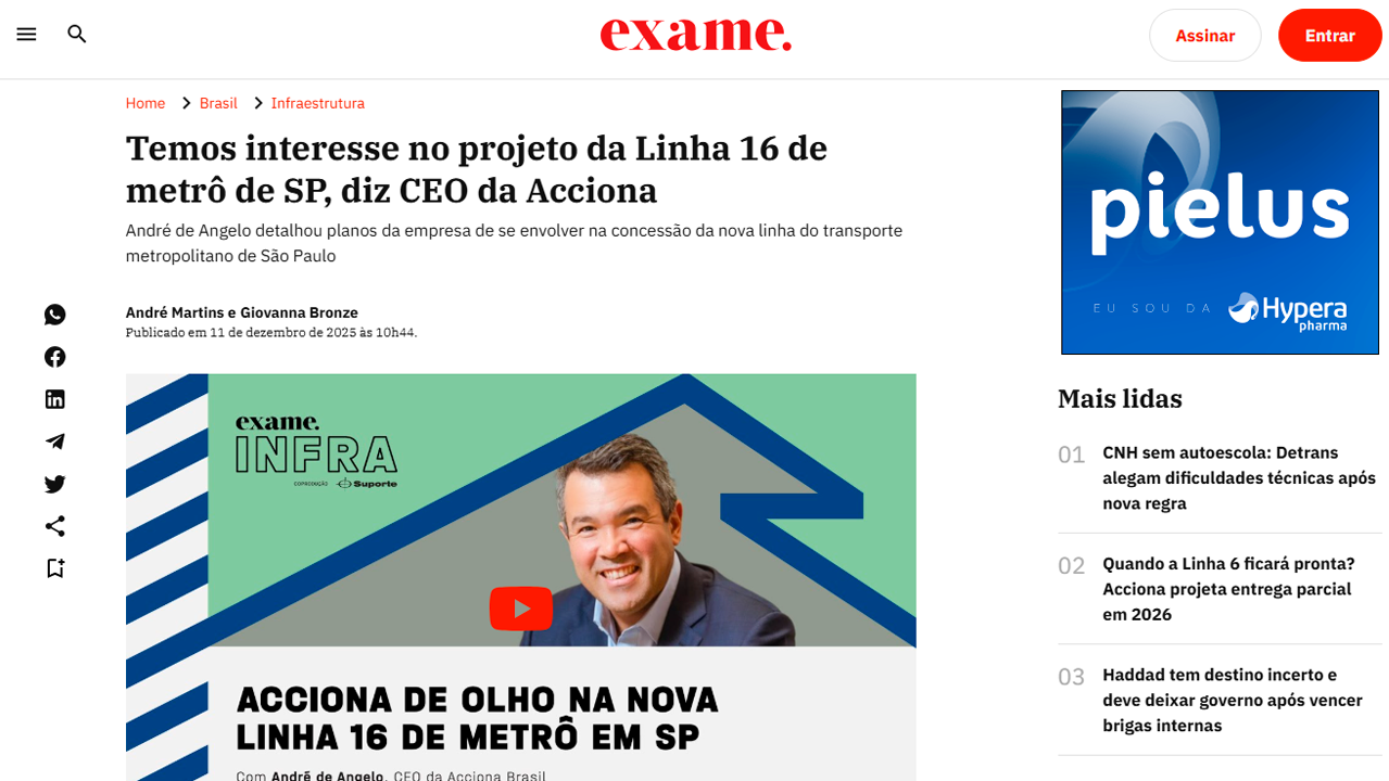 foto - Suporte Na Imprensa – Acciona demonstra interesse no projeto da Linha 16 do Metrô de São Paulo