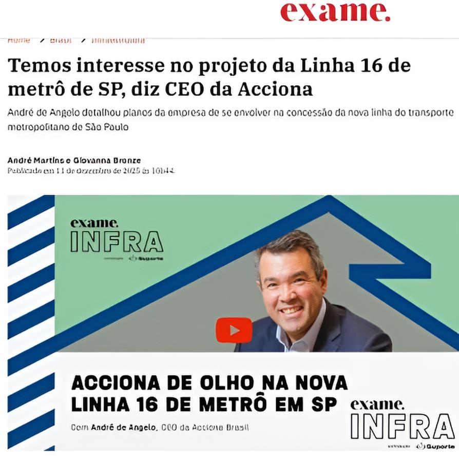 foto - Temos interesse no projeto da Linha 16 de metrô de SP, diz CEO da Acciona