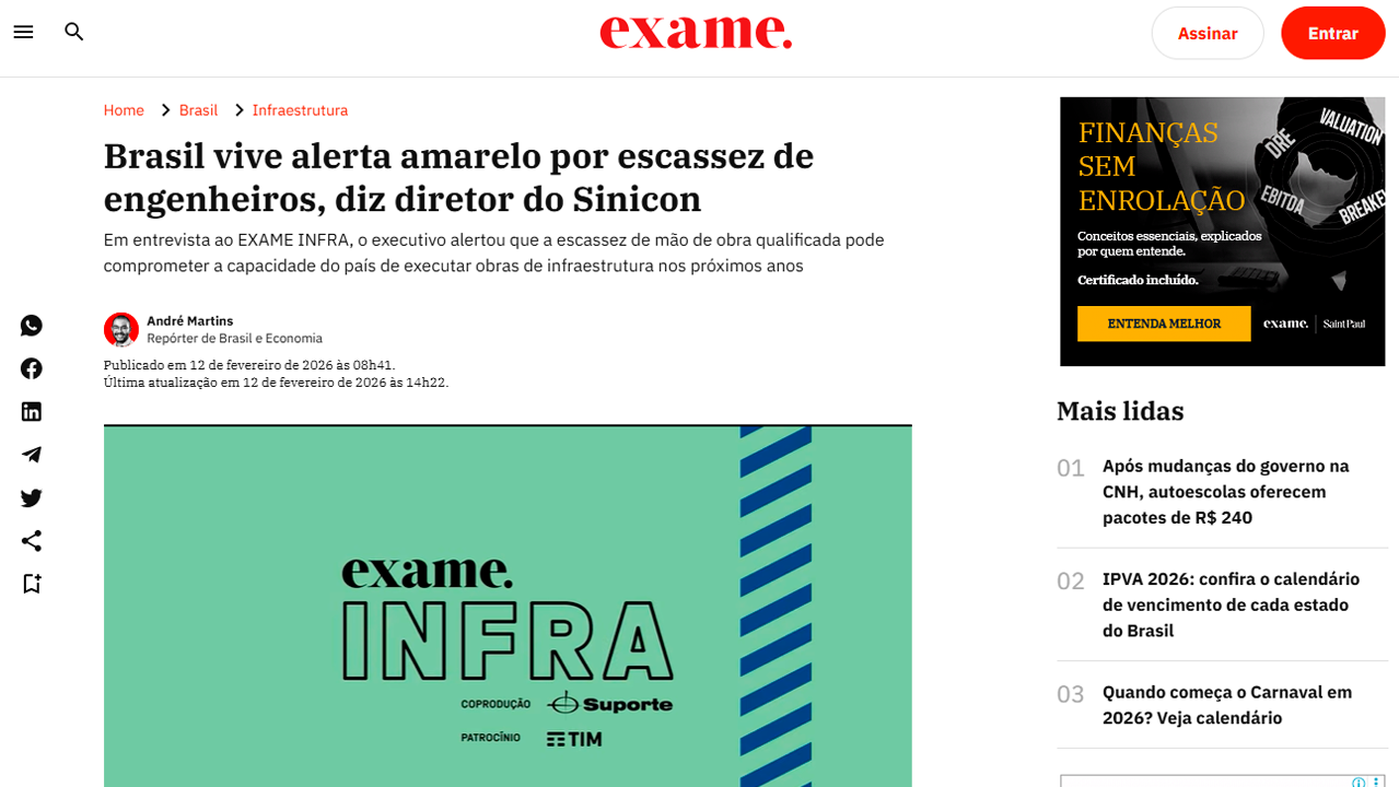 foto - Suporte Na Imprensa – Brasil vive alerta amarelo por escassez de engenheiros, diz diretor do Sinicon