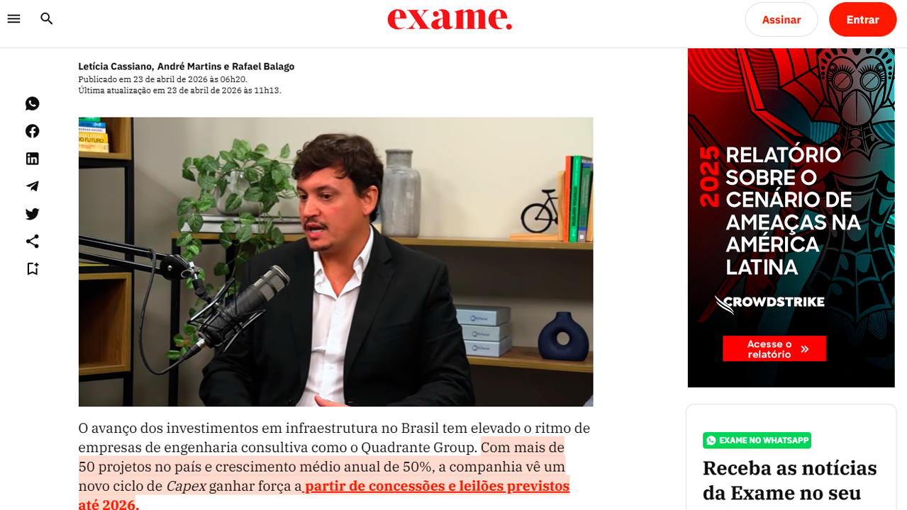 foto - Suporte Na Imprensa – Consultoria de Engenharia, a Quadrante aposta em ciclo de investimentos com 50 projetos no Brasil