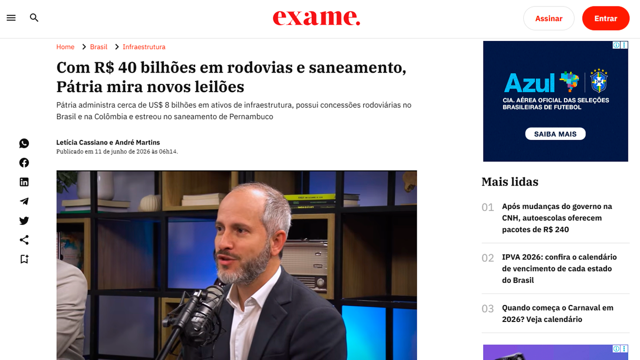 foto - Suporte Na Imprensa – Com R$ 40 bilhões em rodovias e saneamento, Pátria mira novos leilões de infraestrutura