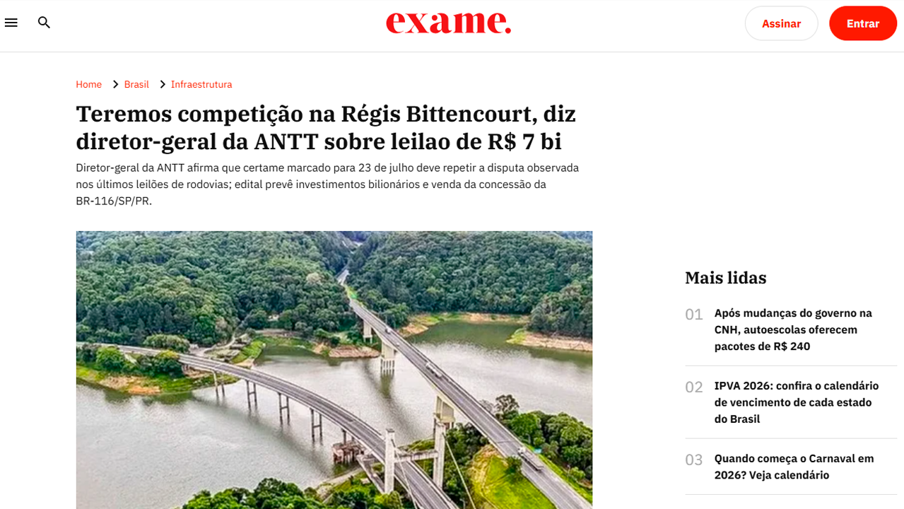 foto - Suporte Na Imprensa – ANTT prevê competição no leilão da Régis Bittencourt, projeto estimado em R$ 7 bilhões