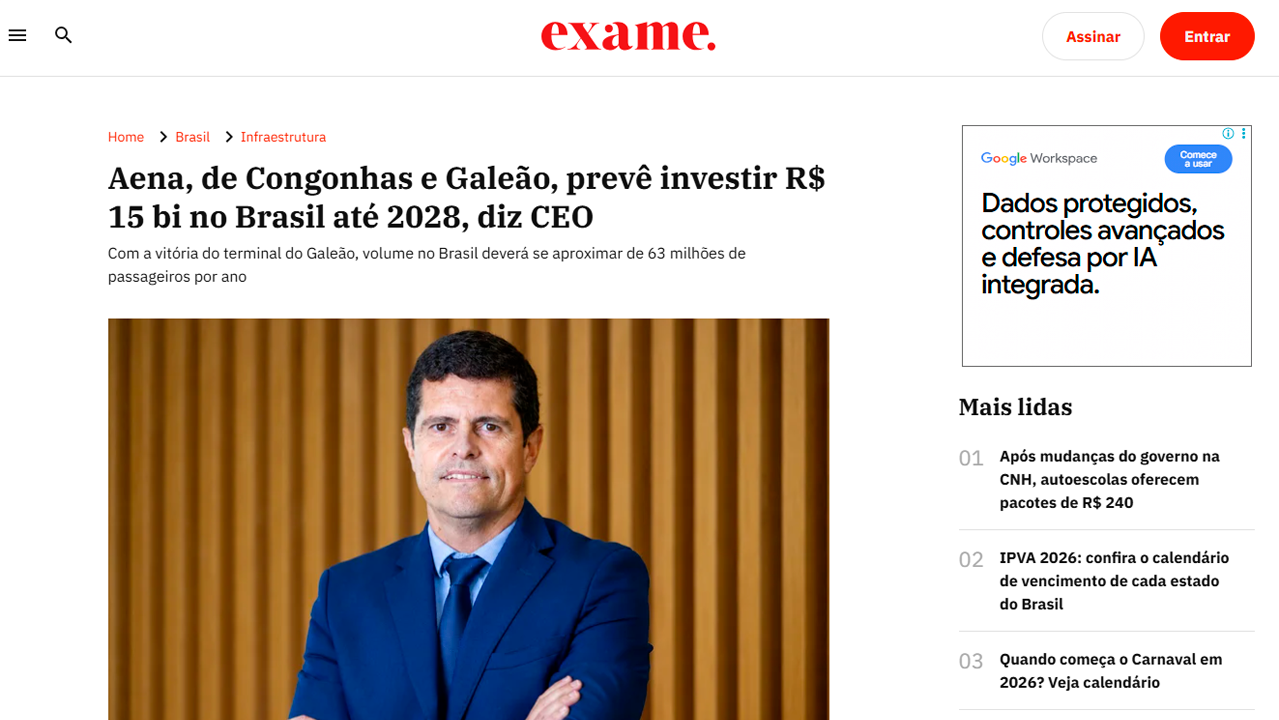 foto - Suporte Na Imprensa – Aena prevê investir R$ 15 bilhões no Brasil até 2028, diz CEO do grupo no podcast Exame Infra