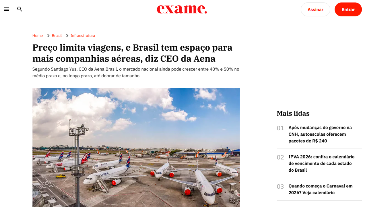 foto - Suporte Na Imprensa – Brasil tem espaço para mais companhias aéreas, afirma CEO da Aena em entrevista ao Exame Infra Podcast